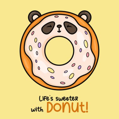 Komik tatlı çörek panda. Lezzetli hamur işleri çizgi filmi Kawaii karakter yemeklerinin olduğu şirin bir kart. Vektör çizimi. Çocuk koleksiyonu