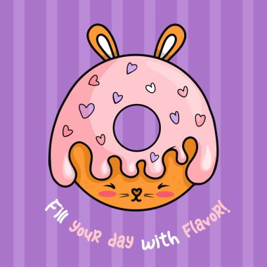 Meyve şekerli tatlı çörek tavşanı. Lezzetli hamur işleri çizgi film karakteri Kawaii 'nin kutlama kartı. Vektör çizimi. Çocuk koleksiyonu