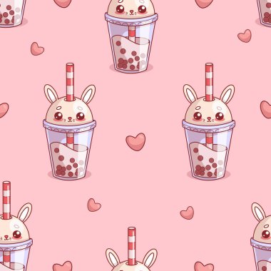 Seamless pattern with cute glass Bubble Tea Rabbit. Funny cartoon kawaii character drink and heart on pink background. Vector illustration clipart