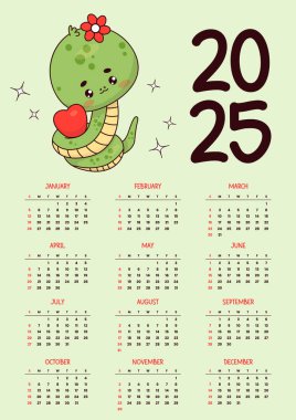 2025 yıllık takvim. Yılan gibi tatlı bir kız. Komik kawaii karakteri. Yeni Yıl Vektörü dikey şablonu 12 aylık İngilizce. Hafta pazar günü başlıyor. Doğu takvimine göre 2025 yıllık yılan.