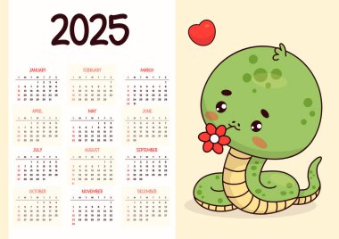 2025 annual calendar. Cute snake kawaii character with flower. Vector horizontal template 12 months in English. Week starts Sunday. 2025 year snake according to eastern calendar. Stationery clipart