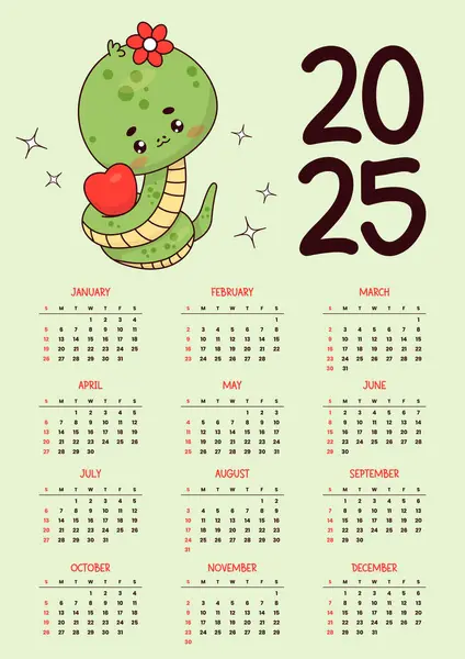 2025 yıllık takvim. Yılan gibi tatlı bir kız. Komik kawaii karakteri. Yeni Yıl Vektörü dikey şablonu 12 aylık İngilizce. Hafta pazar günü başlıyor. Doğu takvimine göre 2025 yıllık yılan.