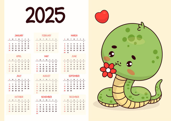 2025 annual calendar. Cute snake kawaii character with flower. Vector horizontal template 12 months in English. Week starts Sunday. 2025 year snake according to eastern calendar. Stationery