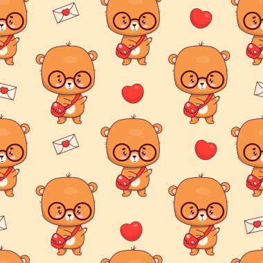 Kusursuz desenli, sarı arka planda gözlüklü sevimli ayı ayıcığı. Komik kawaii hayvan karakteri. Vektör çizimi. Çocuk koleksiyonu