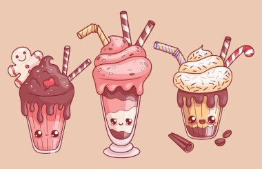Tatlı bardaklı Noel milkshake, kremalı tatlı, zencefilli adam, saman setiyle çizgili şekerler. Tuhaf çizgi film Kawaii karakteri içkisi. Vektör illüstrasyonu