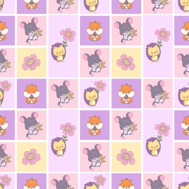 Seamless square geometric pattern with cute hamster chinchilla, and hedgehog. Funny cartoon rodent character with seed, spikelets and flower on bright checkered background. Vector illustration clipart