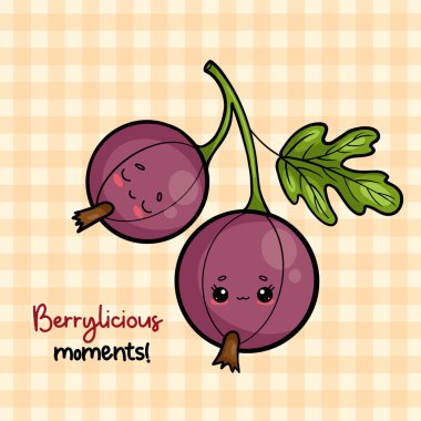 Şirin Mavi Bektaşi üzümü dalı, çalı meyvesi. Komik kawaii çileği karakteri. Sloganlı kart. Vektör illüstrasyonu