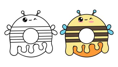 Tatlı tatlı çörek arısı. Renkli ve ana hatlarıyla çizilmiş komik çizgi film Kawaii karakteri yemeği. Çizgi çizimi, boyama kitabı. Vektör çizimi. Çocuk koleksiyonu