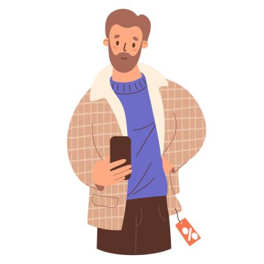 Mevsimlik alışveriş. Sakallı adam satışta kışlık ekose ceketi deniyor ve telefonuyla kendi fotoğrafını çekiyor. Vektör çizimi. Şenlikli erkek müşteri karakteri