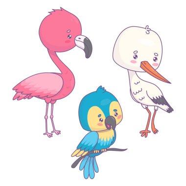 Cute birds collection. Pink flamingo, white stork and blue parrot. Isolated cartoon kawaii characters. Vector illustration  clipart