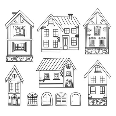 Koleksiyon evleri karalama yapıyor. Kentsel ve kırsal farklı mimari. Vektör çizimi. Ayrı el çizimleri.