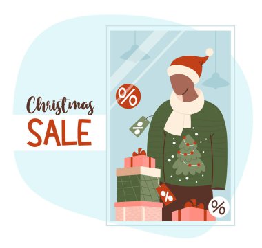 Noel indirimi. Noel Baba şapkalı yeni yıl mankeni, Noel Baba 'nın çirkin süveteri, ağaç, etiket ve şenlikli hediye kutuları. Tatil, alışveriş. Düz biçimli vektör illüstrasyon pankartı