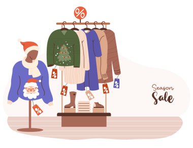 Sezonluk satış posteri. Noel alışverişi. Askılar, ayakkabılar ve Noel Baba 'yla çirkin kostüm giyen mankenler. Vektör çizimi. Tüketim, satın alma kavramı. Kara Cuma