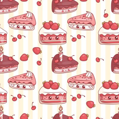 Kusursuz desenli şirin bir doğum günü pastası, kiraz, çilek ve çizgili sarı arka planda mum. Komik tatil kawaii çizgi film karakteri. Vektör çizimi. Çocuk koleksiyonu