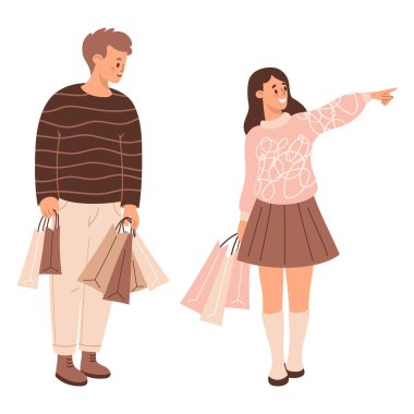 Mutlu adam ve kadın hediye paketleri ile işaret eden el hareketleriyle. Vektör çizimi. İzole edilmiş beyaz zemin üzerinde Pastel renklerde tatil alışverişi karakteri
