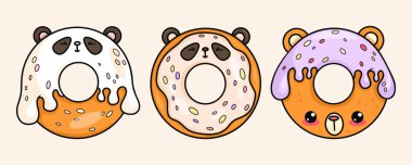 Tatlı çörek çizgi film kawaii karakter koleksiyonu. Dondurmalı komik hayvan ayı ve panda. İzole tatlı yiyecekler. Vektör çizimi. Çocuk koleksiyonu
