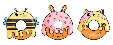 Tatlı çörek çizgi filmi kawaii karakteri. Komik tavşan, kedi ve kremalı arı. İzole edilmiş tatlı kişilik hamur işleri. Vektör çizimi. Çocuk koleksiyonu