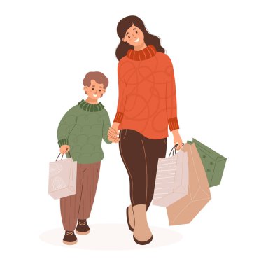İyi alışverişler, indirim. Paketleri ve hediyeleri olan bir çocukla tatlı bir anne. Vektör çizimi. Tatil müşterileri karakterleri, mevsimlik yaşam tarzı.