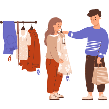 Alışverişe. Alıcı erkek ve kız indirimde elbise deniyor. Askılarda moda giysiler var.