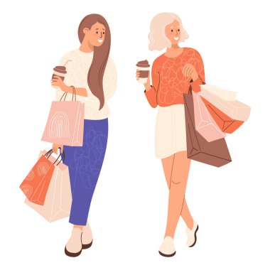 Alışverişe. Mutlu kadın arkadaş alıcılar. Kahveleri ve alışveriş paketleriyle esmer ve sarışın kız. Vektör çizimi. Düz stil içinde sevimli bir kadın karakter.