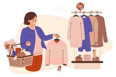 Alışveriş satışı. Alışveriş arabasında hediye kutuları olan mutlu kadın elbise ve ayakkabılarla mağaza rafının yanında şık pembe kazaklar alıyor. Vektör çizimi. Tatil kadını alışveriş karakteri