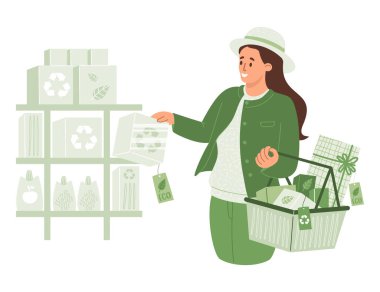 Sürdürülebilir moda konsepti. Çevre dostu geri dönüşümlü ürünler, mallar için alışveriş yapan bir kadın. Çevre bilinci geri dönüşümlü seçenekleri takdir eder gibi. Vektör çizimi. Geri dönüşüm, çevre bakımı, yeşil teknoloji