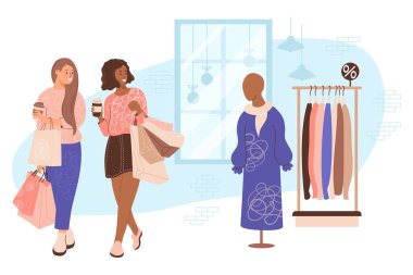 Alışverişe. Mağazadaki mutlu kız arkadaş alıcıları. Açık tenli, siyah tenli, paket servis kahvesi ve kadın mankenlerin yanında satışta olan elbise ve elbise askısı olan bir kız. Düz biçimli vektör illüstrasyonu