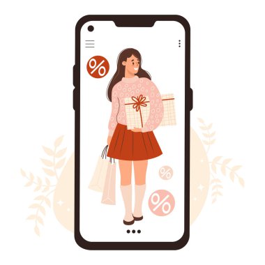 Satılık. İnternetten alışveriş. Telefonunda hediye ve alışveriş paketleri olan mutlu bir kız. Vektör çizimi. Tatil müşterisi karakteri. Akıllı telefondan alışveriş