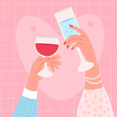 Tatil romantik parti kartı. Kırmızı şarap kadehiyle erkek eli ve pembe kareli arka planda cam bardakta içkili zarif kadın eli. Vektör çizimi. Kare Sevgililer Günü bayrağı