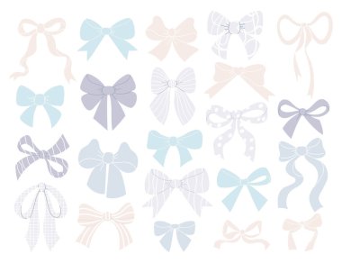 Dekoratif kurdele koleksiyonu. Beyaz arka planda, yalıtılmış, kızsal coquette estetik yumuşak pastel aksesuarlar. Vektör çizimi. Moda desenli el yapımı elementler