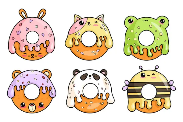 Tatlı çörek çizgi film kawaii karakter koleksiyonu. Komik kurbağa, tavşan, kedi, ayı, arı ve kremalı panda. İzole tatlı yiyecekler. Vektör çizimi. Çocuk koleksiyonu