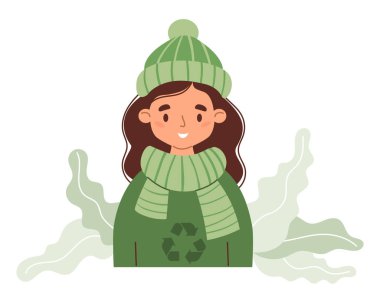 Geri dönüşümlü kumaştan yapılan şık kış örgü giysileri içinde şirin bir kız. Çevre dostu kıyafetler sürdürülebilir moda. Geri dönüşüm ve çevresel bakım kavramı. Ekoloji yaşam tarzı. Vektör illüstrasyonu