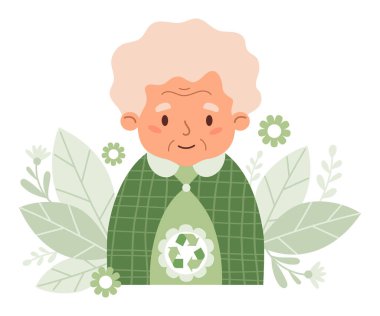 Tekstil geri dönüşümünde giydiği şık kıyafetleri olan sevimli gri saçlı yaşlı kadın. Modern büyükanne ve çevre dostu kıyafetler sürdürülebilir moda. Geri dönüşüm ve çevresel bakım. Vektör illüstrasyonu