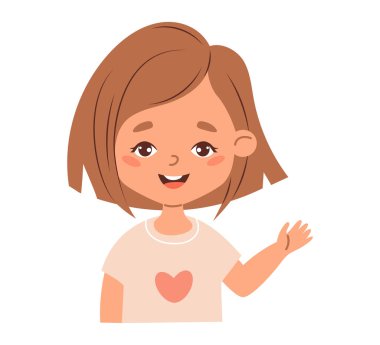 Elini sallayan, kısa kahverengi saçlı, stil sahibi gülümseyen kız portresi. Vektör çizimi. Beyaz arka planda izole edilmiş mutlu anime kadın çocuk karakteri. Çocuklar için tişört baskısı 