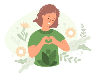 Kalp Hareketi Yapan Kadın. Yeşil çevre dostu bir kız, yapraklı ve çiçekli tekstil kıyafetlerini geri dönüştürüyor. Sürdürülebilir moda ve doğa, çevre bakımı. Düz biçimli vektör illüstrasyonu