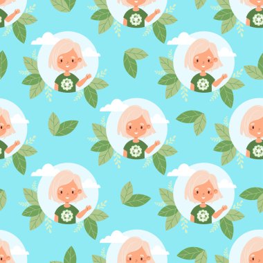 Kusursuz çevre dostu model. Mavi arka planda, geri dönüşümlü yapraklarla süslü giysiler içinde mutlu bir sarışın kız. Vektör çizimi. Geri dönüşüm, sürdürülebilir moda ve çevre bakımı