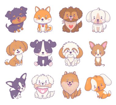Şirin köpekler farklı cinslerden koleksiyon yapar. Komik bir chihuachua, Rottweiler, melez, Shiba Inu, spitz, pinscher, Shih Tzu. İzole çizgi film kawaii hayvanı. Vektör çizimi. Çocuk koleksiyonu.