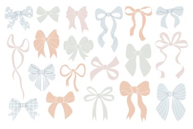 Coquette estetik yumuşak pastel yay kurdele koleksiyonu. Ayrı modaya uygun el yapımı elementler beyaz arka planda kız aksesuarları. Vektör illüstrasyonu