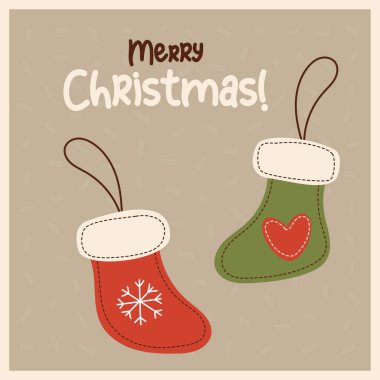 Retro handmade red and green Xmas stockings sewn toy. Vintage holiday square card Merry Christmas. Vector illustration clipart