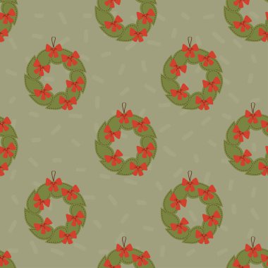 Kusursuz Noel deseni. Kırmızı Fiyonklu Retro Xmas Çelengi yeşil desenli arka planda el yapımı süsleme. Vektör illüstrasyonu