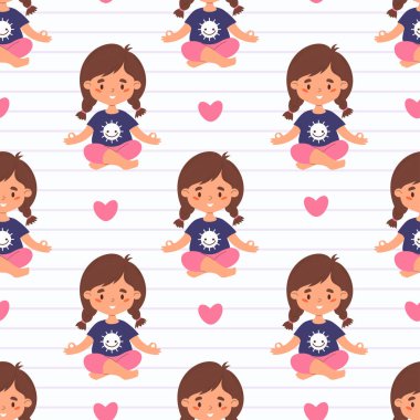 Saçları örgü şeklinde meditasyon yapan güzel bir kızın beyaz çizgili arka planda pembe kalple Asana 'da oturduğu kusursuz bir düzen. Düz bir şekilde vektör illüstrasyonu. Çocuk koleksiyonu