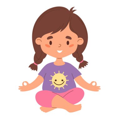 Saçları örgülü, güzel, mutlu bir kız, meditasyon yapıyor. Asya 'da oturan komik çocuk kadın karakter. Düz biçimli vektör illüstrasyonu