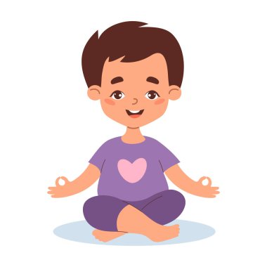 Asana 'da meditasyon yapan mutlu çocuk. Hobiler, spor, sağlıklı yaşam tarzı. Çocuklar için yoga. Düz biçimli vektör illüstrasyonu