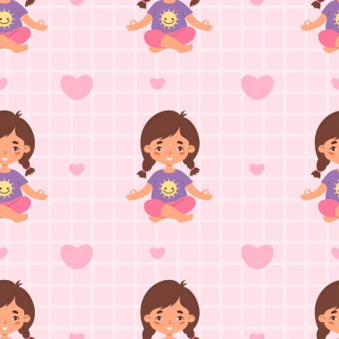 Kusursuz yoga çocukları. Nilüfer çiçeğiyle meditasyon yapan sevimli kız çocuğu pembe kareli arka planda, kalplerle poz veriyor. Hobi, spor, sağlıklı yaşam tarzı. Düz biçimli vektör illüstrasyonu 