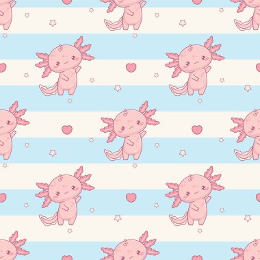 Beyaz mavi çizgili arka planda sevimli pembe Axolotl 'lu kusursuz desen. Komik küçük çizgi film kawaii karakteri. Vektör çizimi. Çocuk koleksiyonu