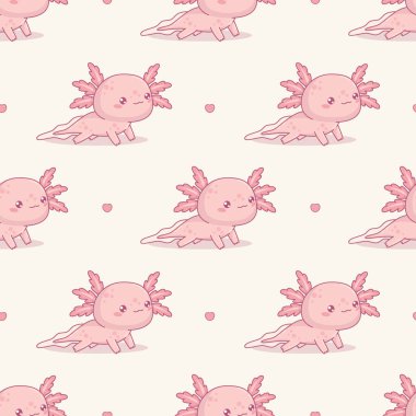 Kusursuz desenli beyaz arka planda sevimli pembe Axolotl. Komik küçük çizgi film kawaii karakteri. Vektör çizimi. Çocuk koleksiyonu