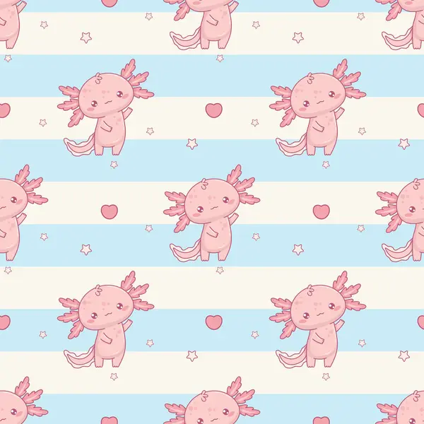 Beyaz mavi çizgili arka planda sevimli pembe Axolotl 'lu kusursuz desen. Komik küçük çizgi film kawaii karakteri. Vektör çizimi. Çocuk koleksiyonu