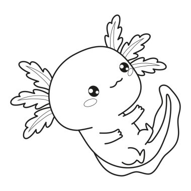 Özet olarak şirin Axolotl. Çizgi film karakteri. Çizgi çizimi, boyama kitabı. Vektör çizimi. Çocuk koleksiyonu