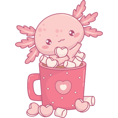 Bardakta romantik Axolotl Marshmallowlu sıcak kakao.