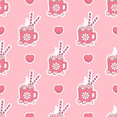 Romantik, kusursuz bir düzen. Pembe arka planda, sıcak kakaolu, kremalı, kalpli bir şenlik bardağı. Vektör çizimi. Bayram içkisi süsü.